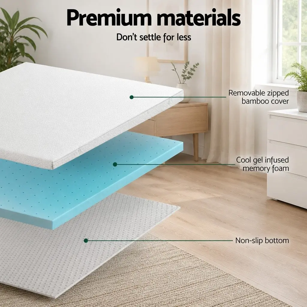 Memory Foam Mattress Topper Queen Bed 5cm Thick Ventilated Gel Blue