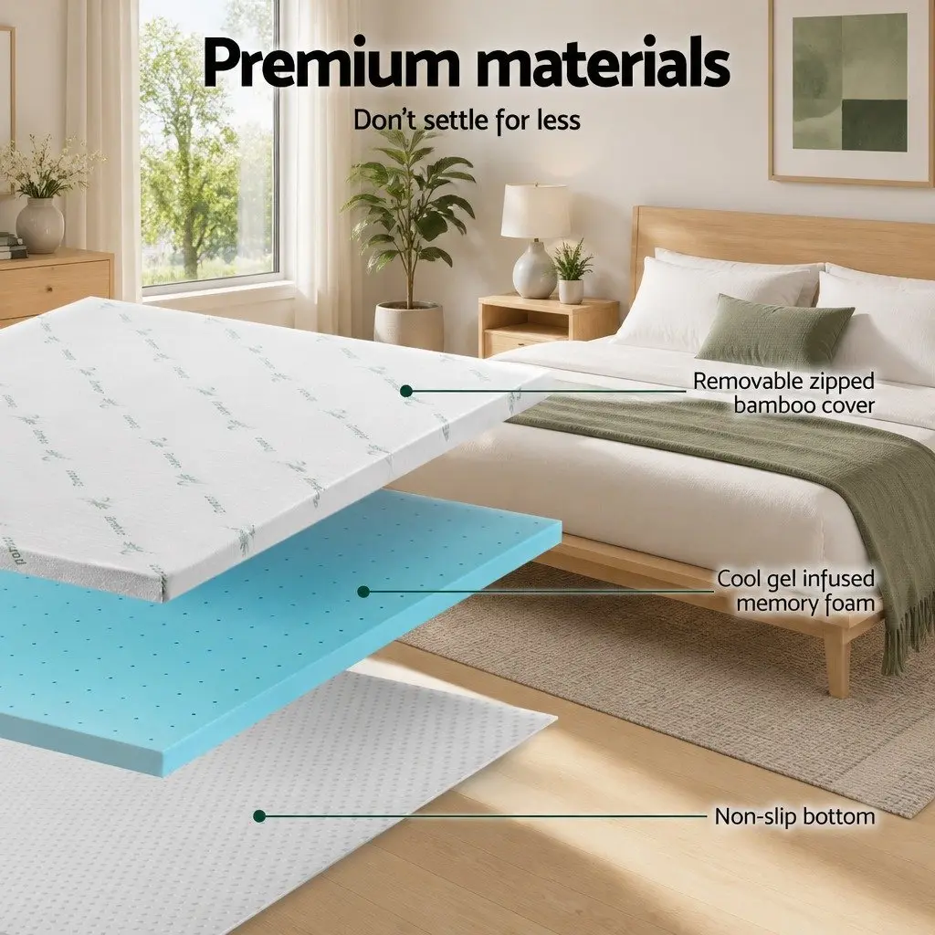 Memory Foam Mattress Topper Single 5cm Ventilated Gel Cool Bamboo Cover Bed