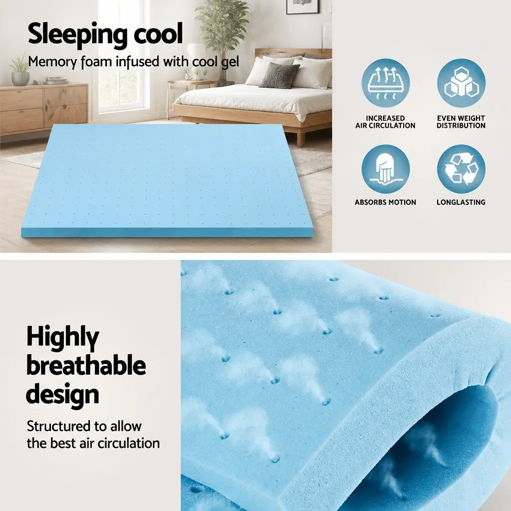Double Bed Mattress Topper Gel Cool 8cm Memory Foam Ventilated for Sleep Comfort
