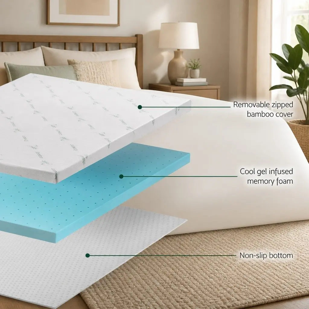 Double Bed Mattress Topper Gel Cool 8cm Memory Foam Ventilated for Sleep Comfort
