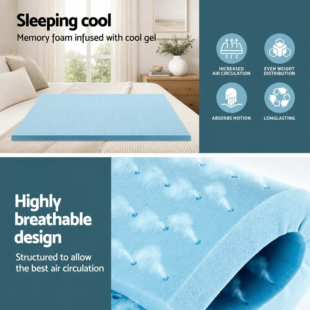 Memory Foam Mattress Topper 8cm King Single Ventilated Cool Gel Blue