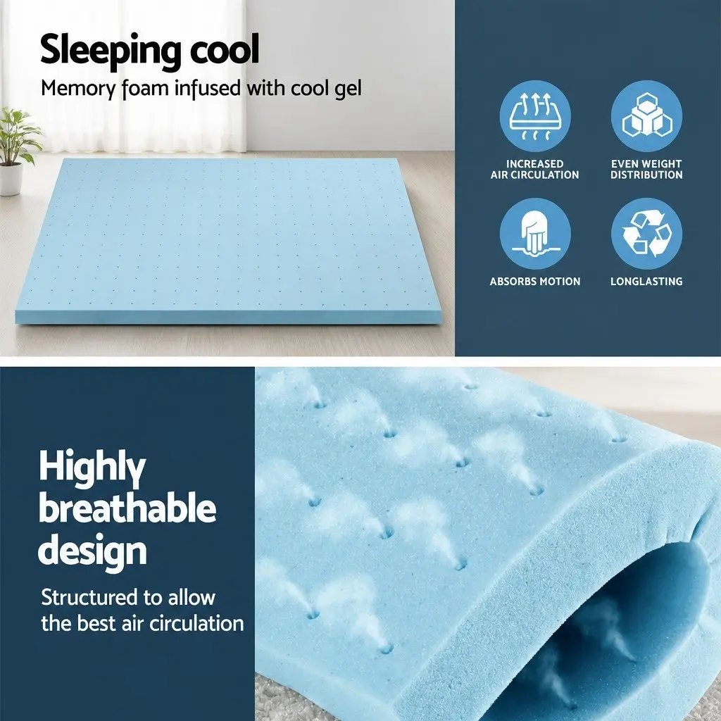 Memory Foam Mattress Topper Queen Bed 8cm Thick Ventilated Cool Gel Bamboo Cover Blue