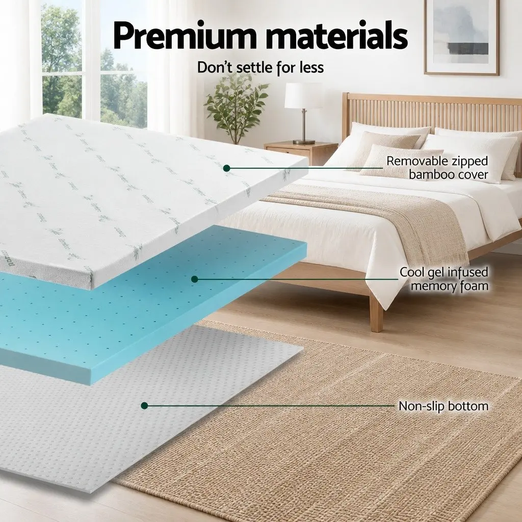 Memory Foam Mattress Topper Queen Bed 8cm Thick Ventilated Cool Gel Bamboo Cover Blue