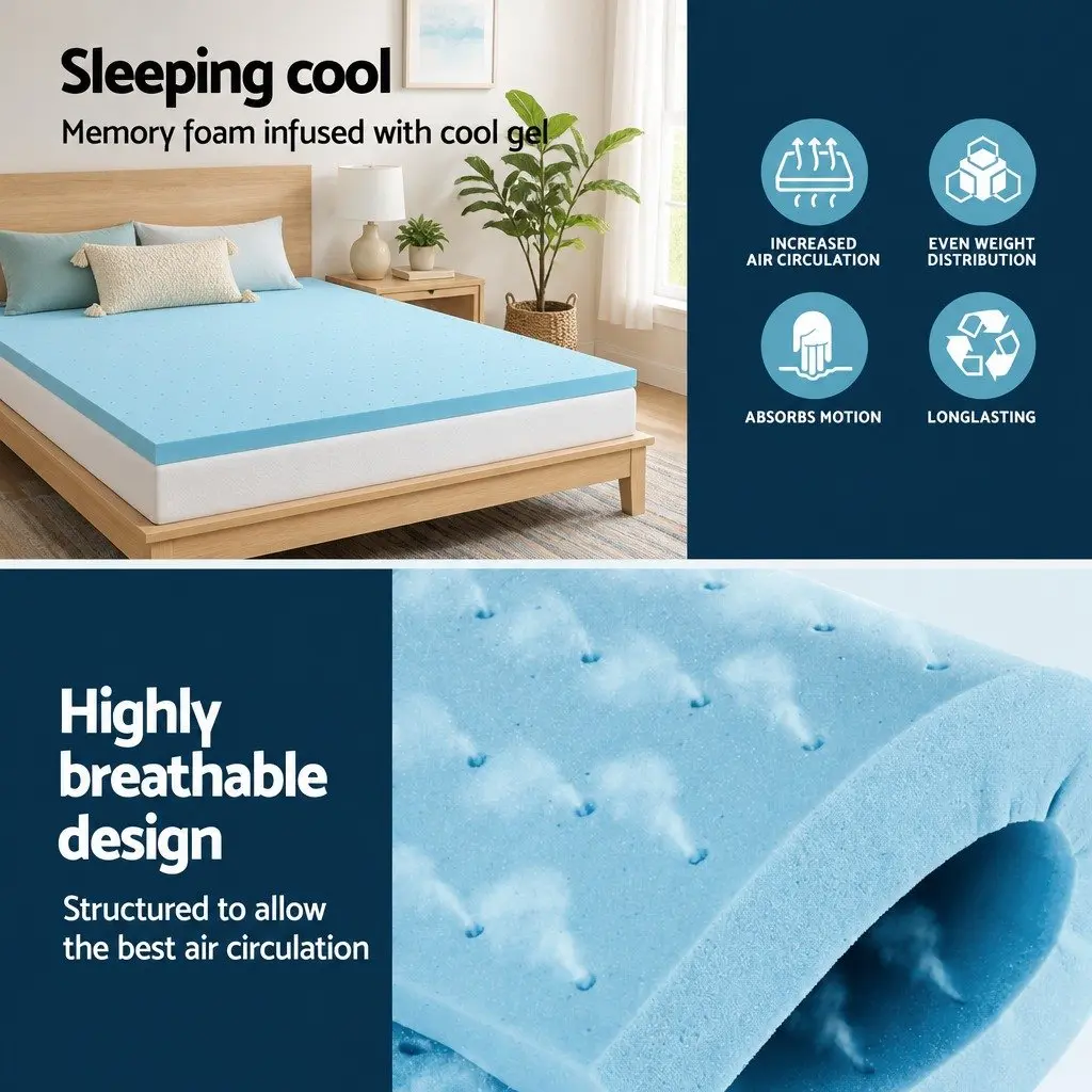 Memory Foam Mattress Topper Single 8cm Ventilated Gel Bamboo Cover Blue