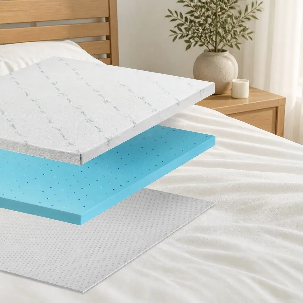 Memory Foam Mattress Topper Single 8cm Ventilated Gel Bamboo Cover Blue
