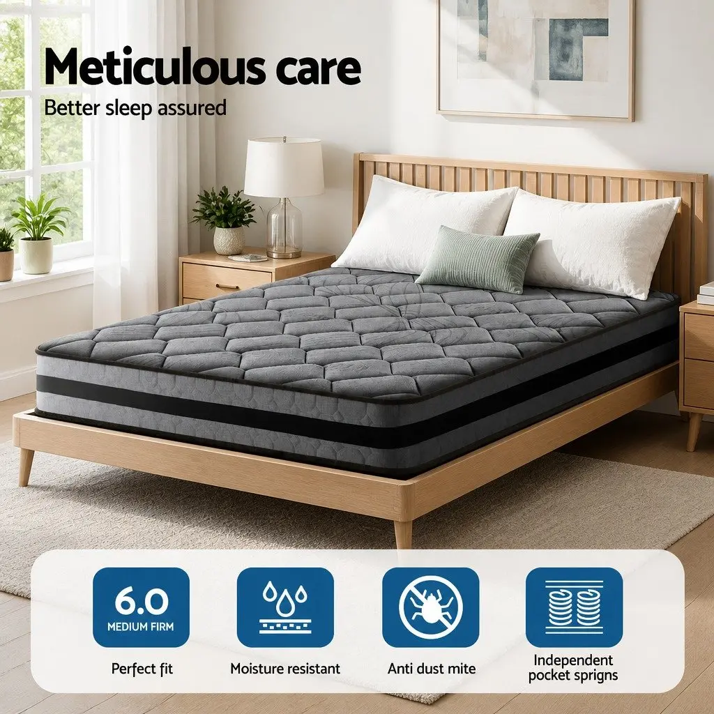 Double Mattress Medium Firm 22cm Pocket Spring Grey or Black