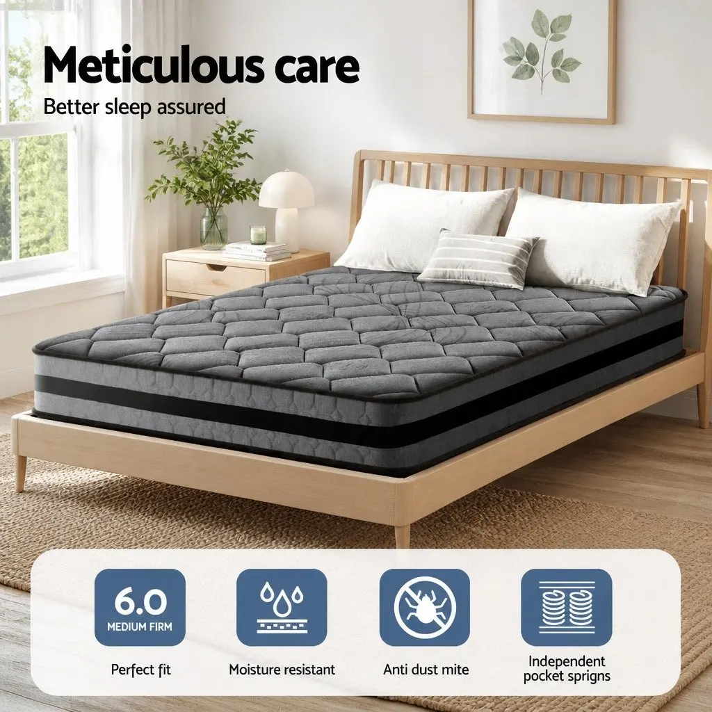 Pocket Spring Mattress Medium Firm Queen Size 22cm Grey Black