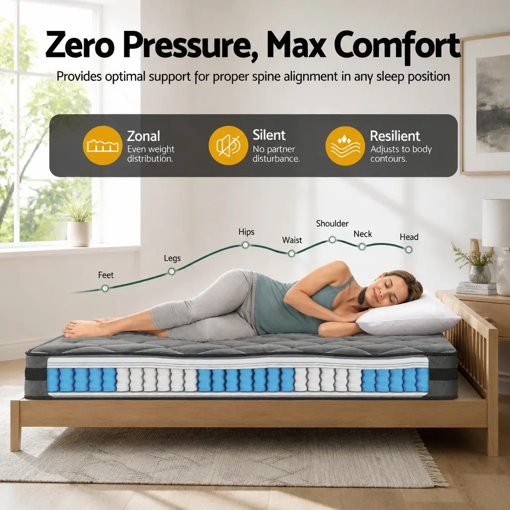 Pocket Spring Mattress Medium Firm Queen Size 22cm Grey Black