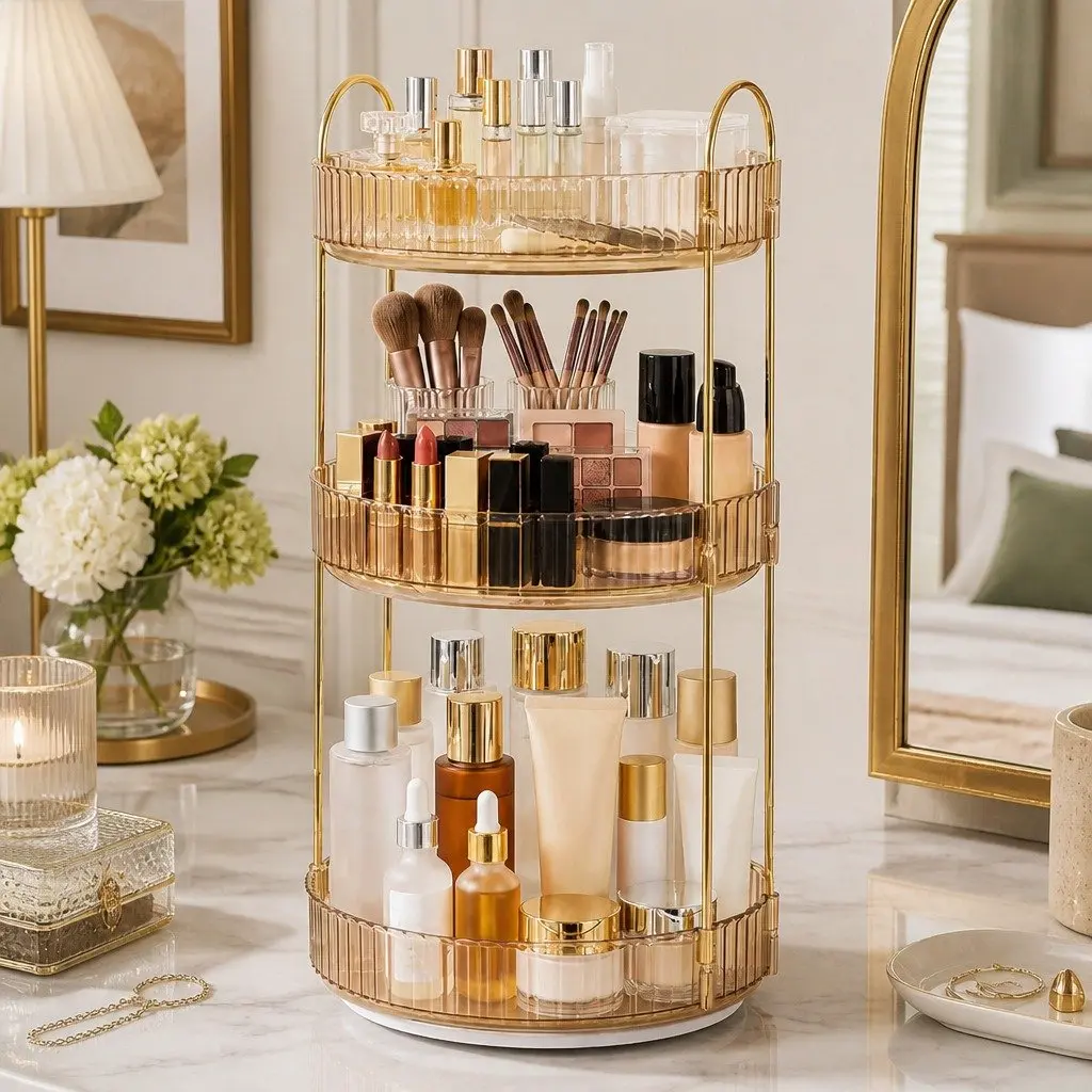 Makeup Organiser 360° Rotating Vanity Countertop Storage Shelf Gold