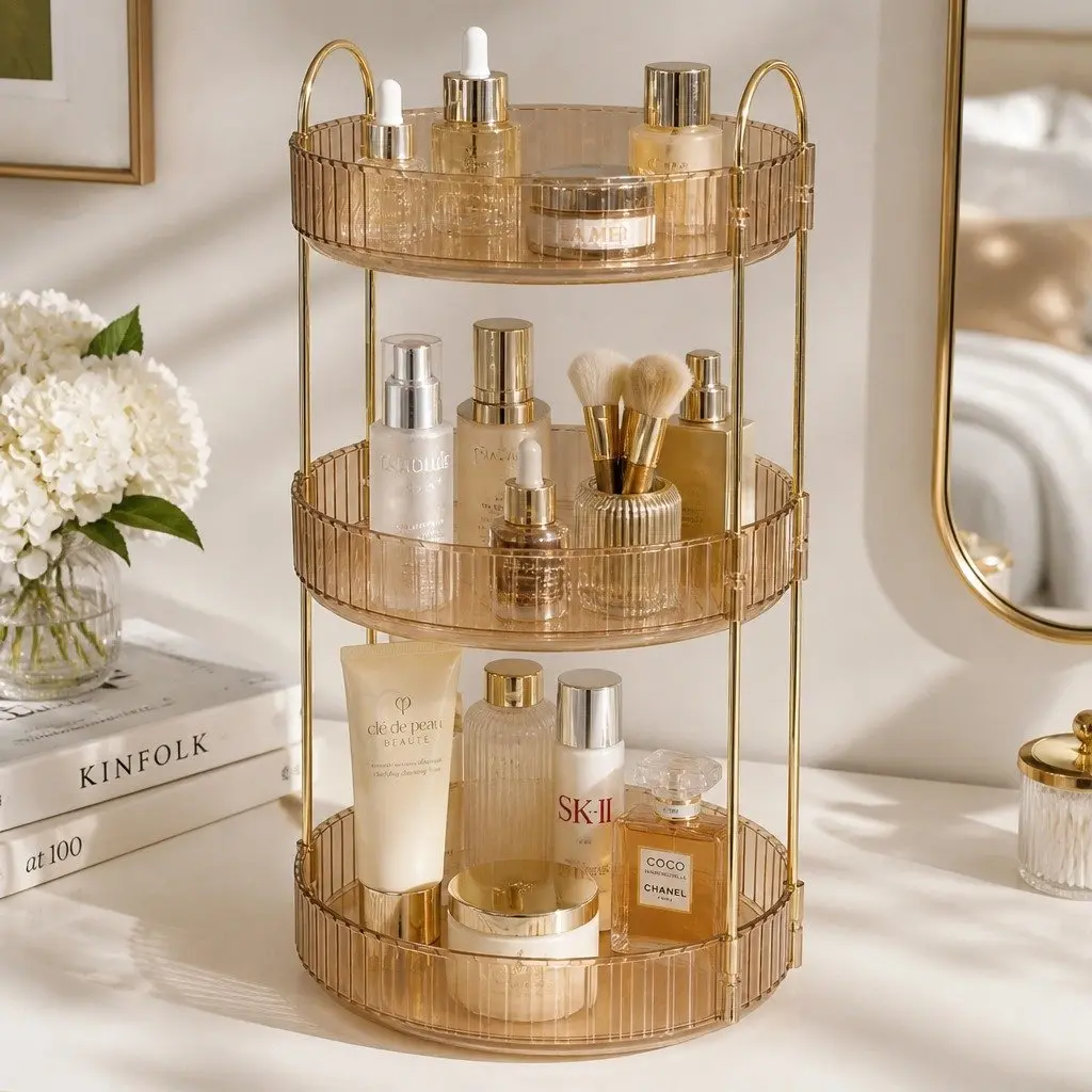 Makeup Organiser 360° Rotating Vanity Countertop Storage Shelf Gold
