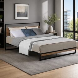 Double Metal Bed Frame Industrial Design Sturdy Steel MDF Black Bedroom