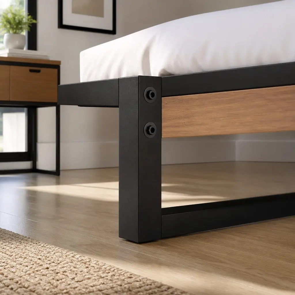 King Size Metal Bed Frame Industrial Design Steel MDF Slat Support Black