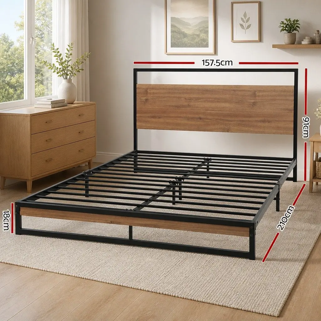Queen Size Bed Frame Black Metal Wood Industrial Bedroom Furniture Sturdy Steel