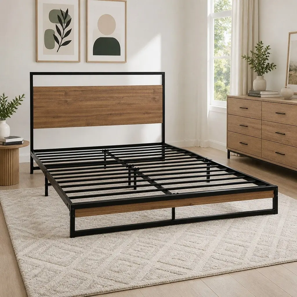 Queen Size Bed Frame Black Metal Wood Industrial Bedroom Furniture Sturdy Steel