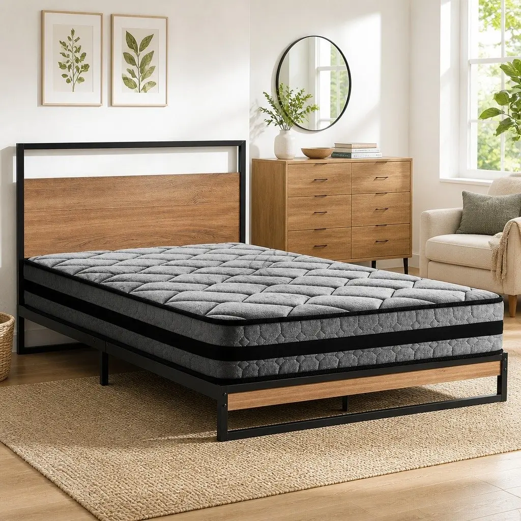 Metal Bed Frame and Pocket Spring Mattress Set