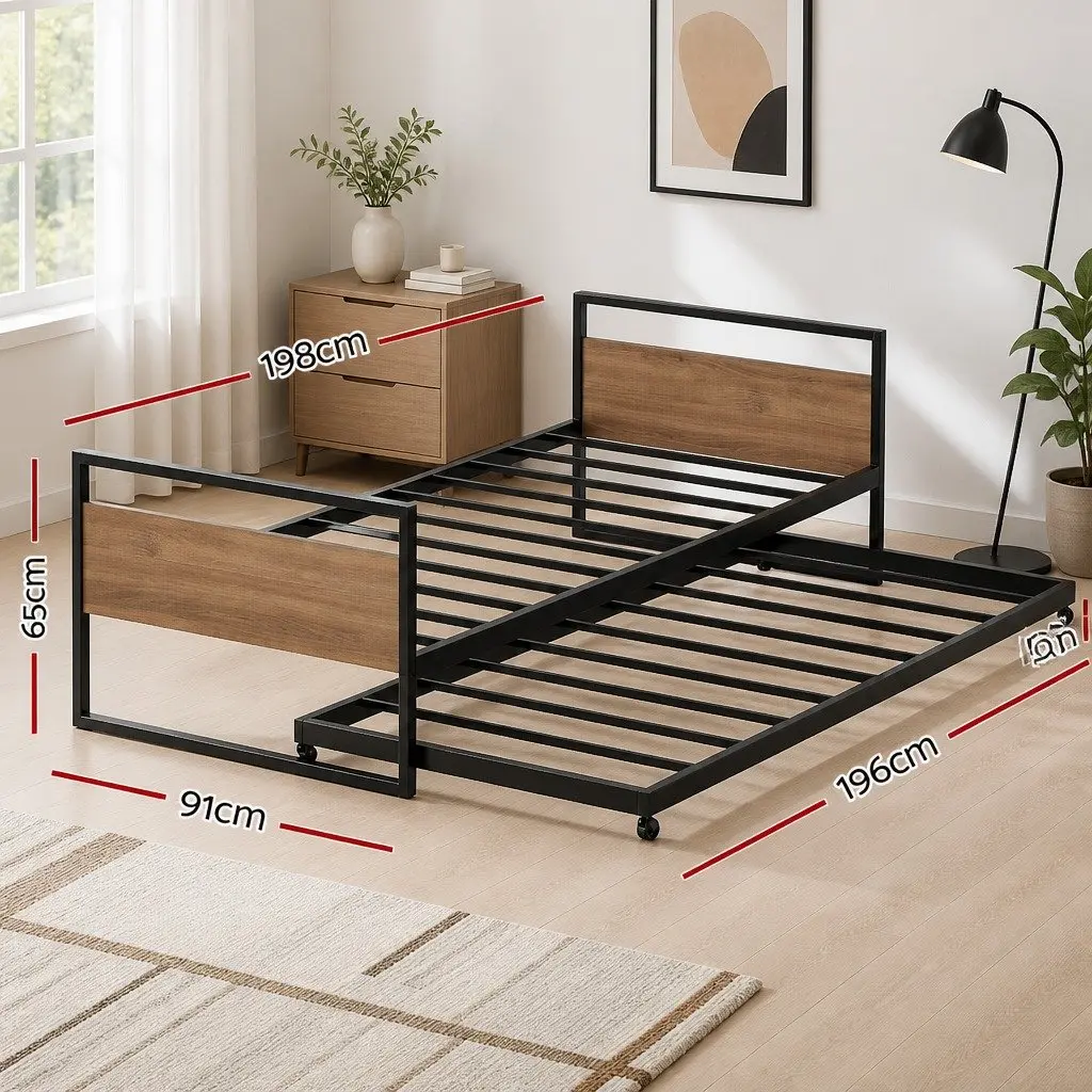 Single Size Metal Daybed Frame Black Industrial Style with Trundle for Bedroom Furniture