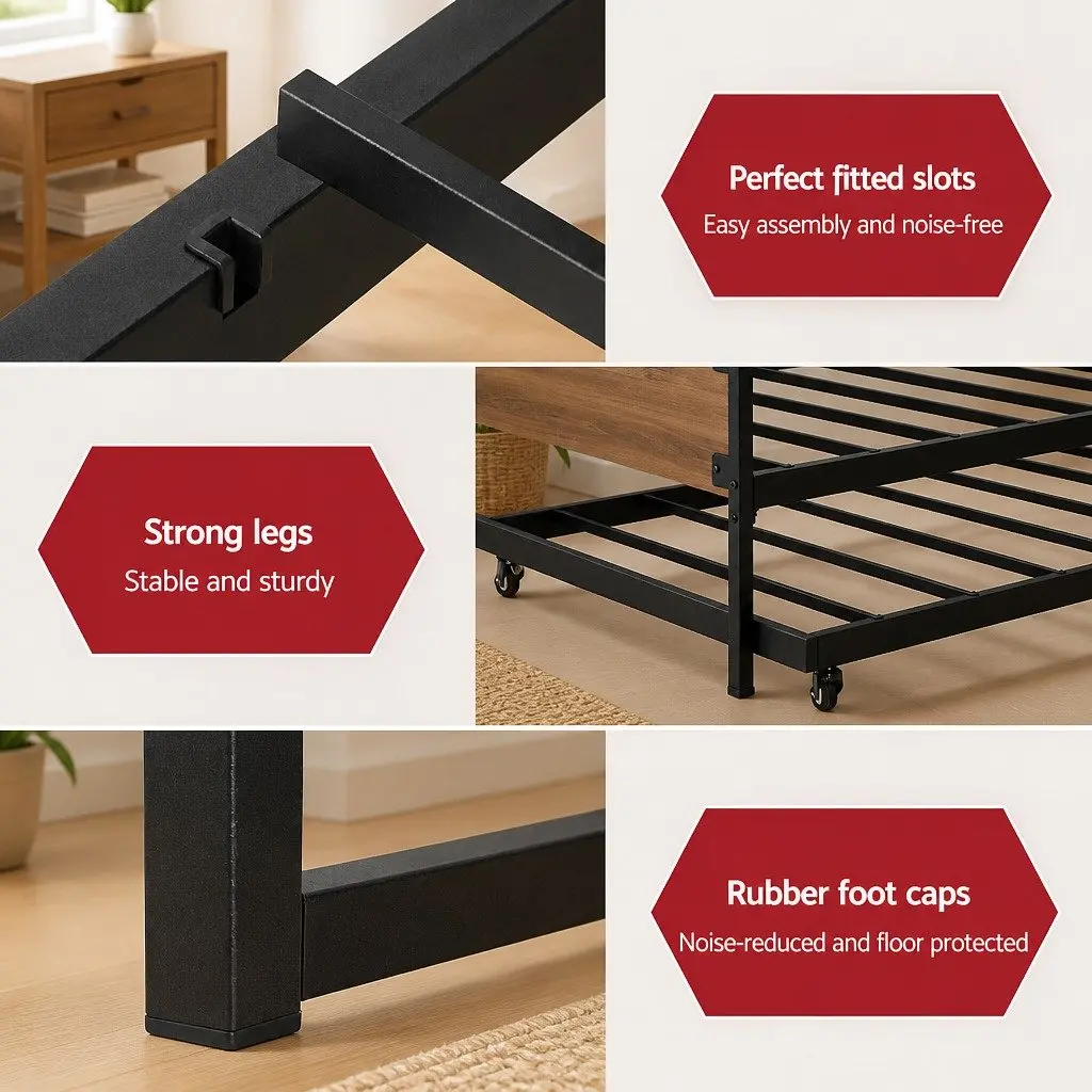 Single Size Metal Daybed Frame Black Industrial Style with Trundle for Bedroom Furniture