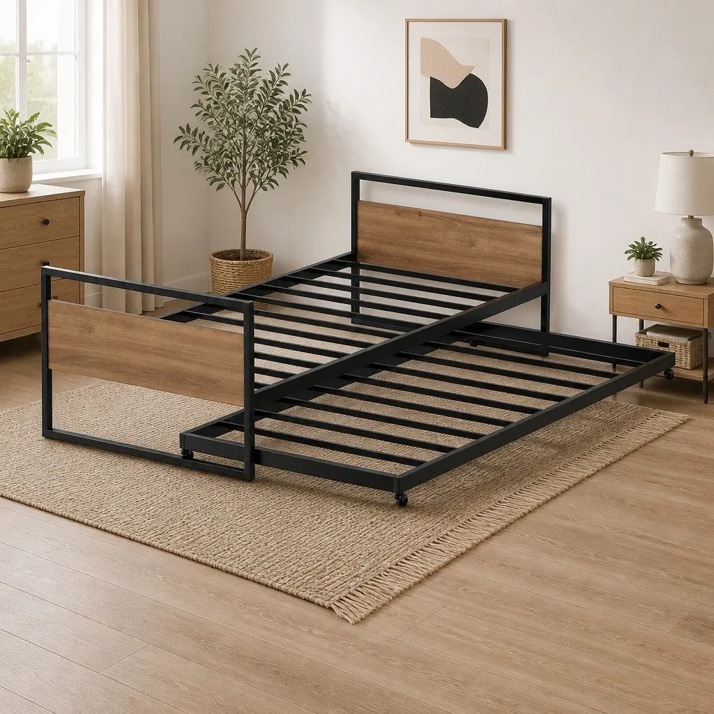 Single Size Metal Daybed Frame Black Industrial Style with Trundle for Bedroom Furniture