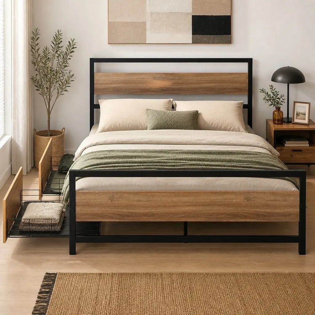 Double Bed Frame Metal Storage Drawers Industrial Bedroom Furniture Black