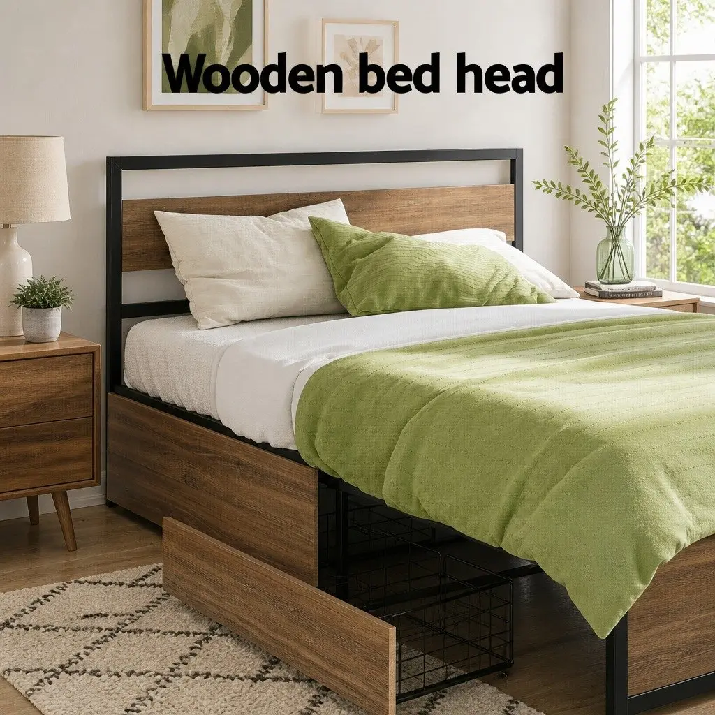 Double Bed Frame Metal Storage Drawers Industrial Bedroom Furniture Black