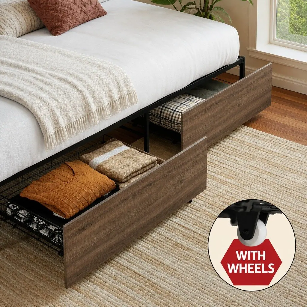 Double Bed Frame Metal Storage Drawers Industrial Bedroom Furniture Black