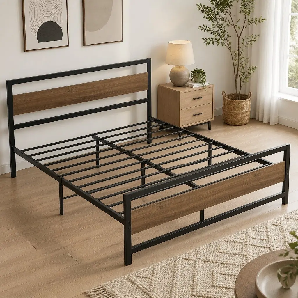 Queen Size Bed Frame with Industrial Style