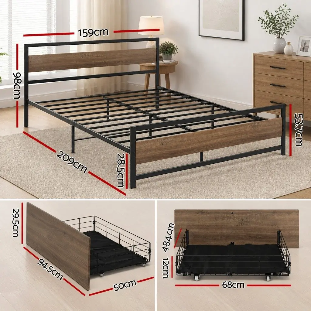 Queen Size Bed Frame Metal Industrial Style with Storage Drawers and Castor