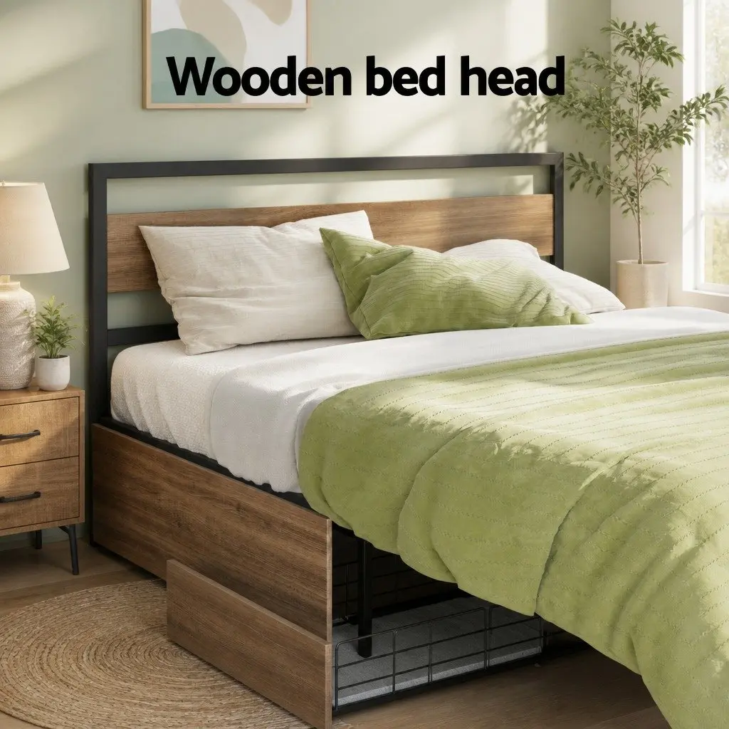 Queen Size Bed Frame Metal Industrial Style with Storage Drawers and Castor