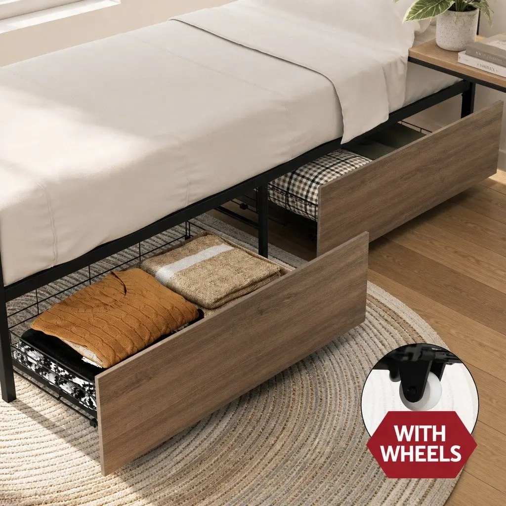Queen Size Bed Frame Metal Industrial Style with Storage Drawers and Castor