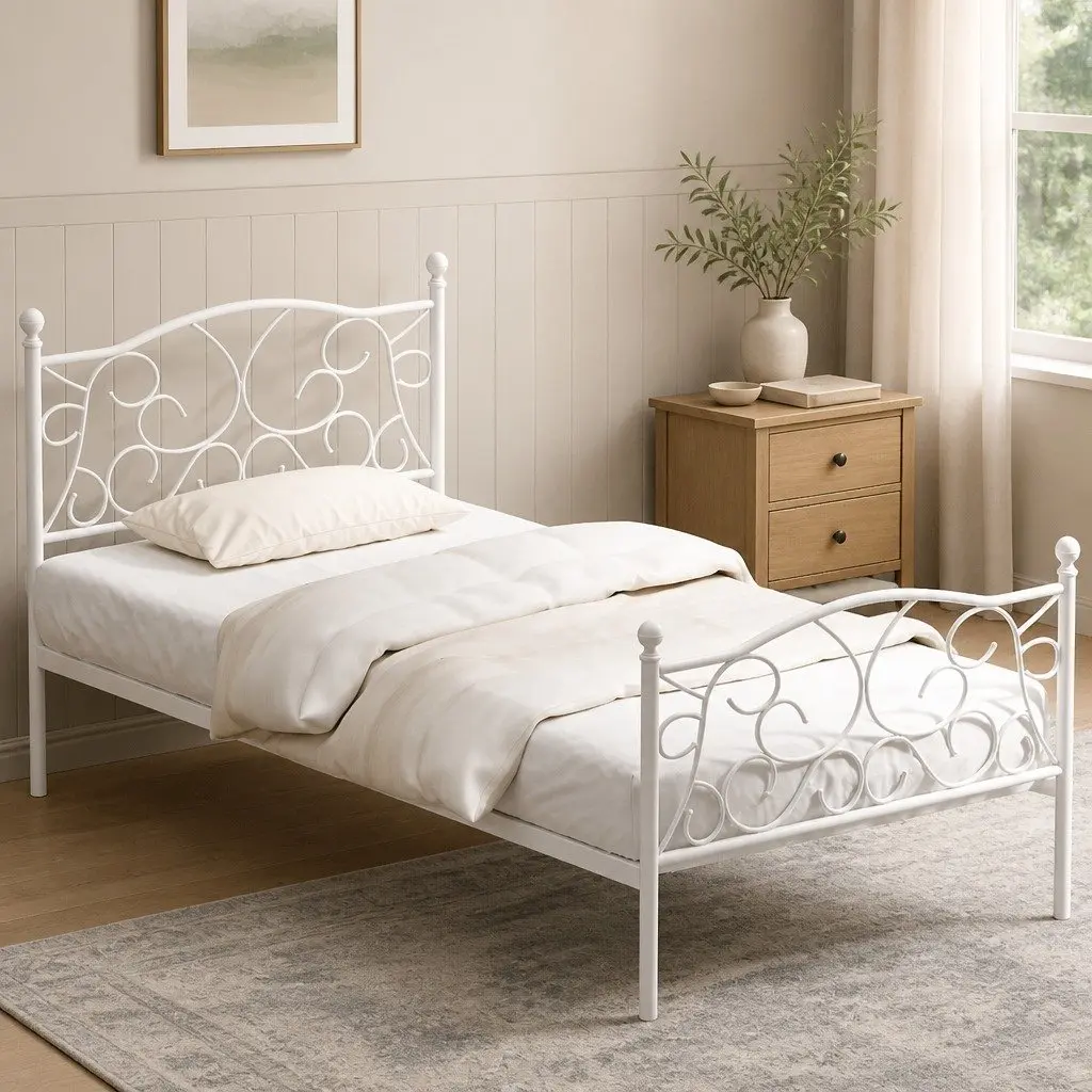 White Metal Bed Frame with Ample Storage Space