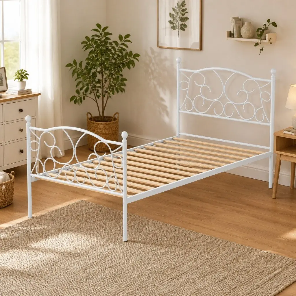 White Metal Bed Frame with Ample Storage Space