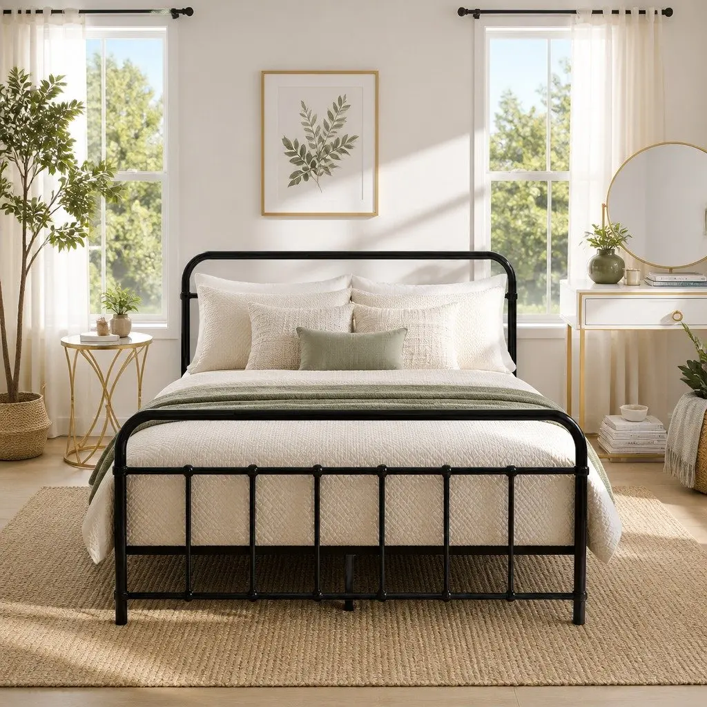 Double Metal Bed Frame Country Style Steel Slat Base Black Bedroom Furniture