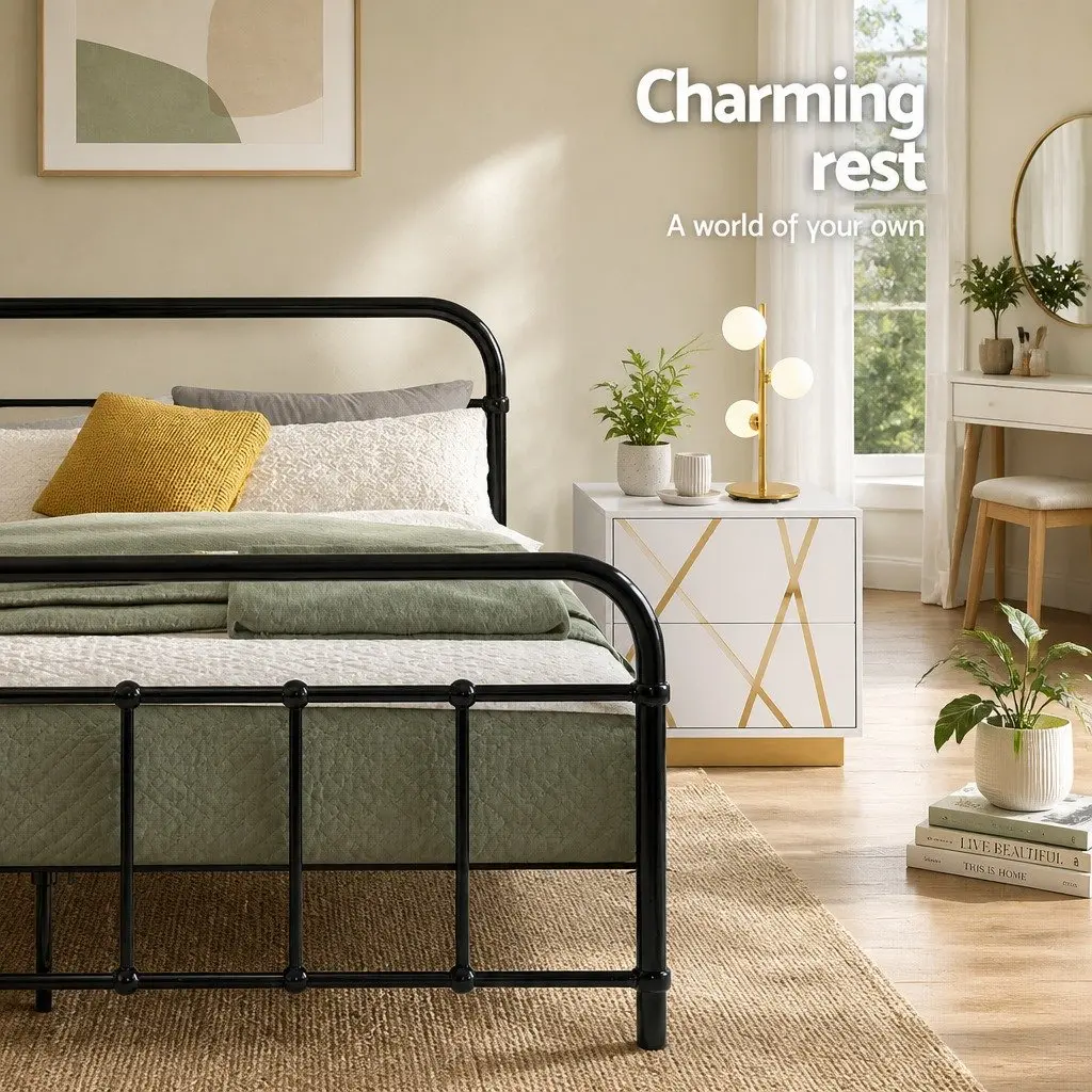 Double Metal Bed Frame Country Style Steel Slat Base Black Bedroom Furniture