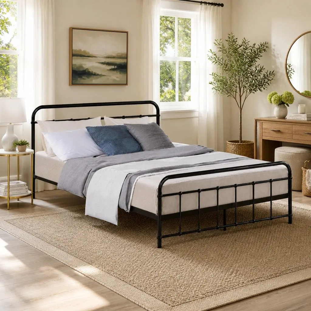 Double Metal Bed Frame Country Style Steel Slat Base Black Bedroom Furniture