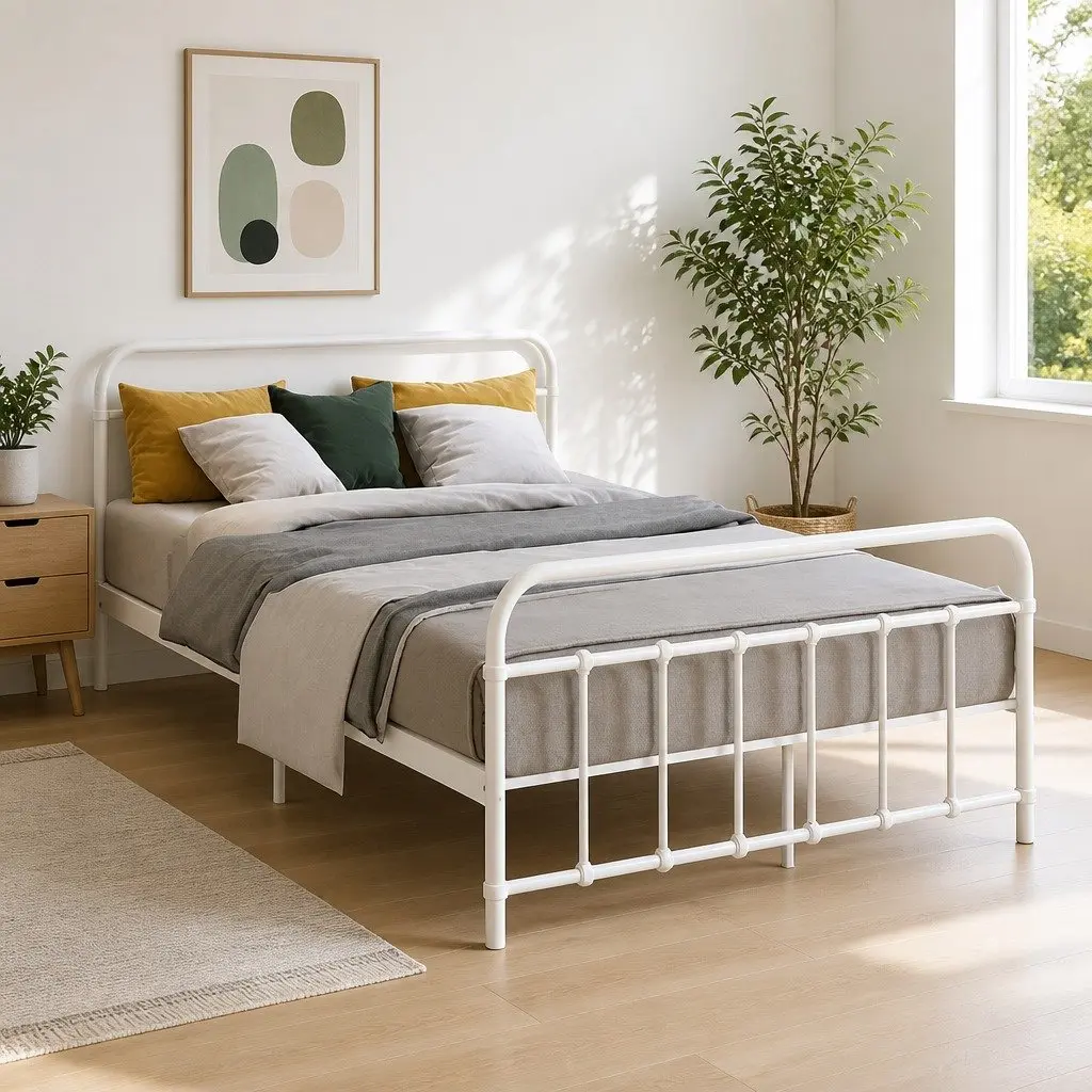 Double Metal Bed Frame Country Style Bedroom Furniture Double Size White