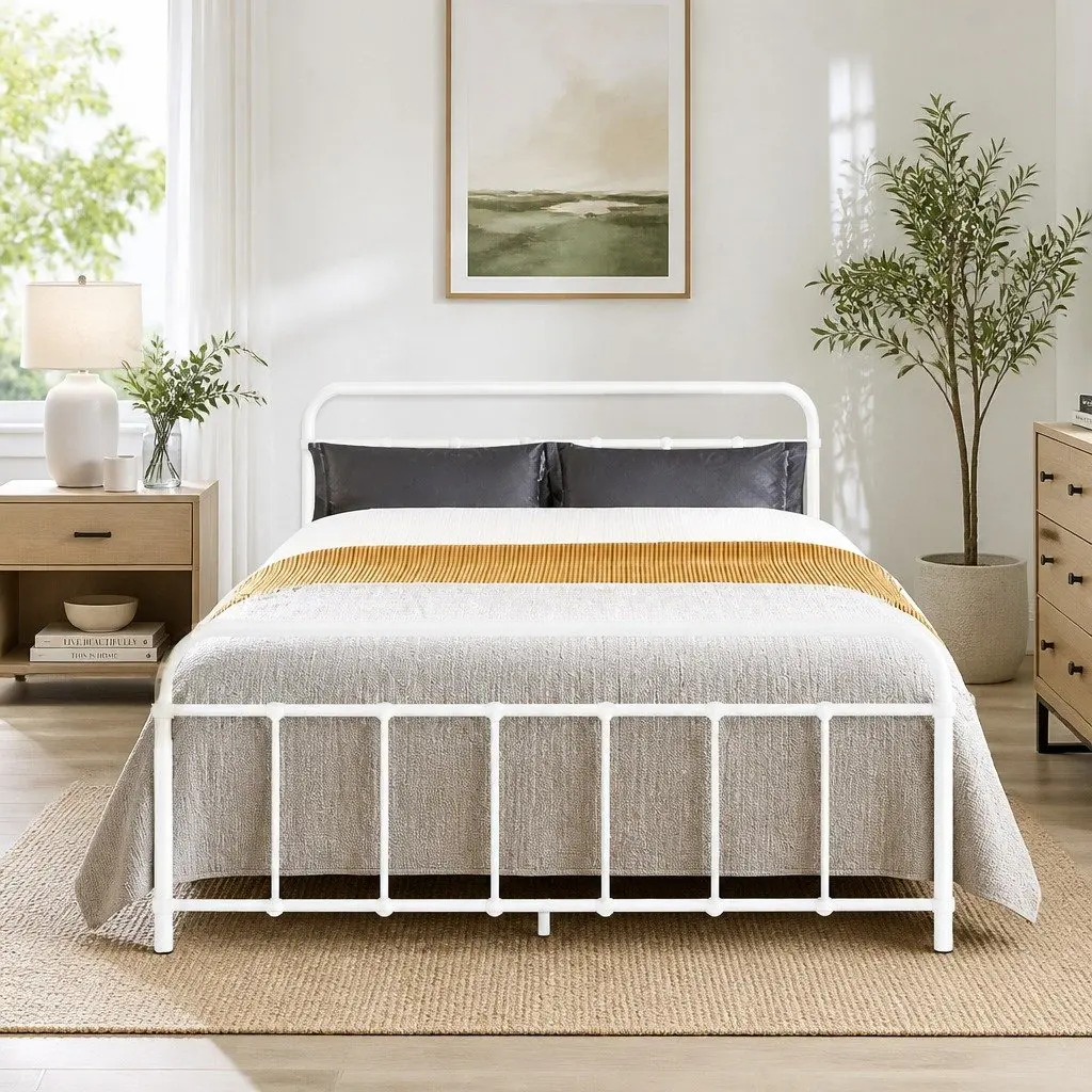 Double Metal Bed Frame Country Style Bedroom Furniture Double Size White
