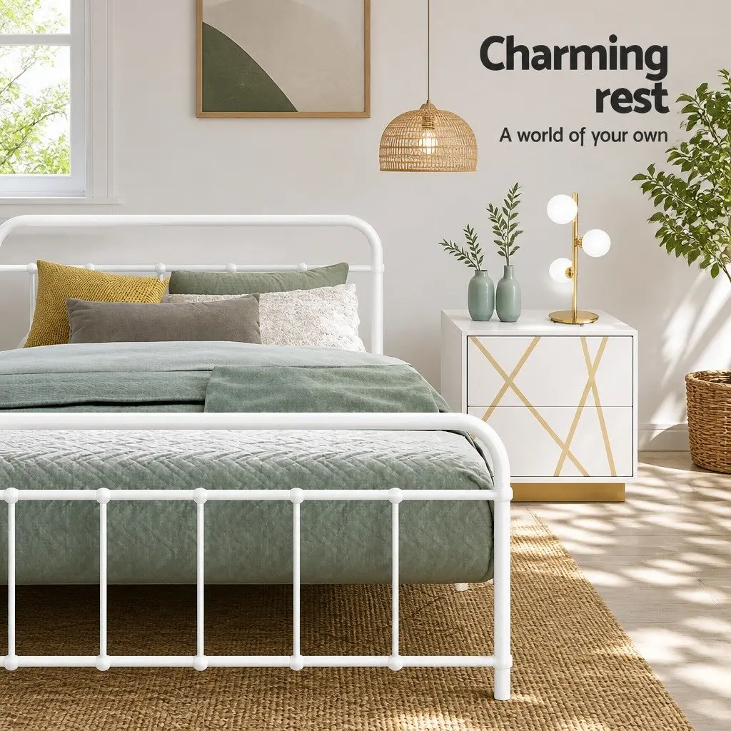 Double Metal Bed Frame Country Style Bedroom Furniture Double Size White