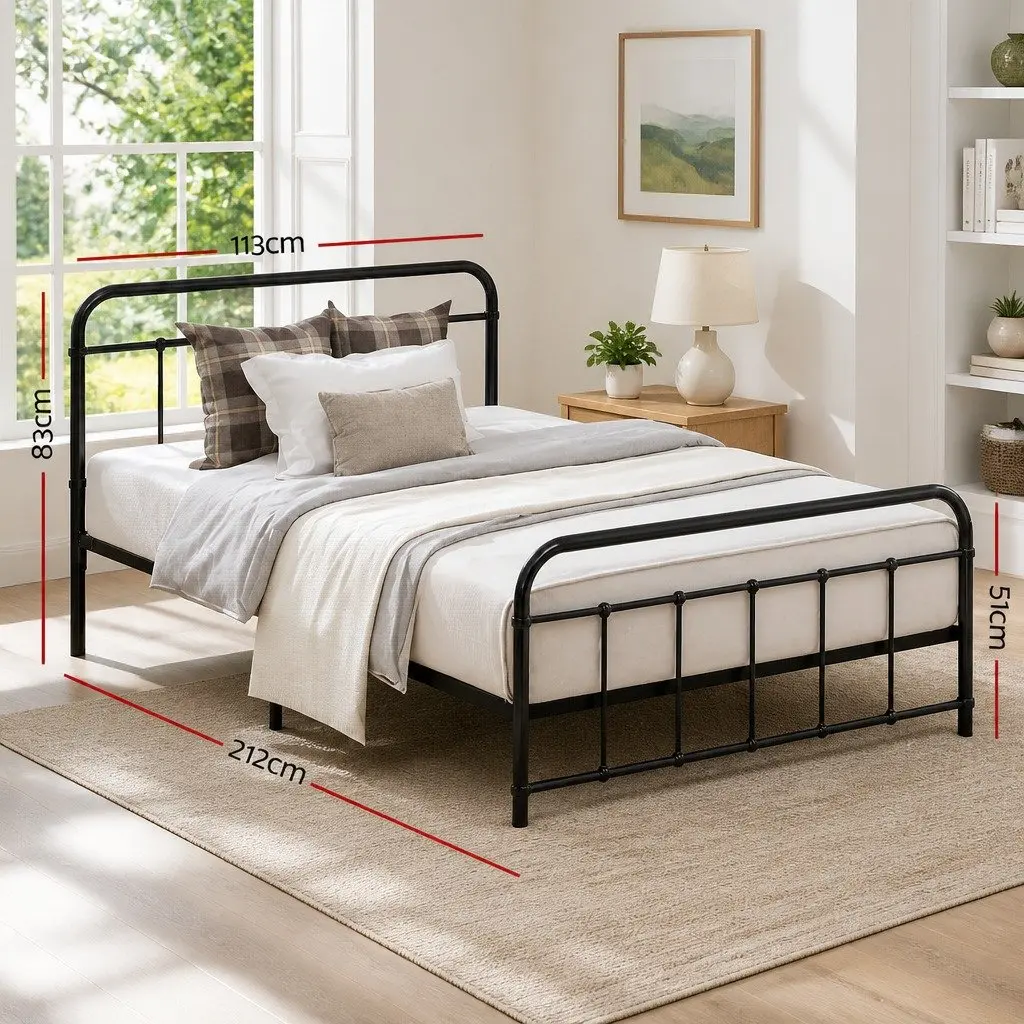 Metal Bed Frame King Single Storage Black Country-Style Steel Slat Base