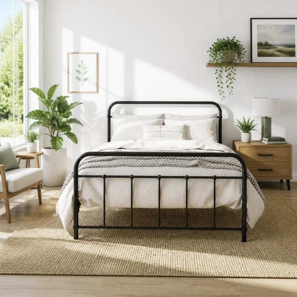 Metal Bed Frame King Single Storage Black Country-Style Steel Slat Base