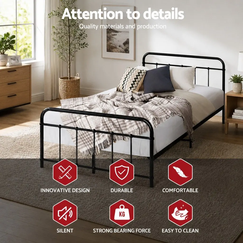 Metal Bed Frame King Single Storage Black Country-Style Steel Slat Base