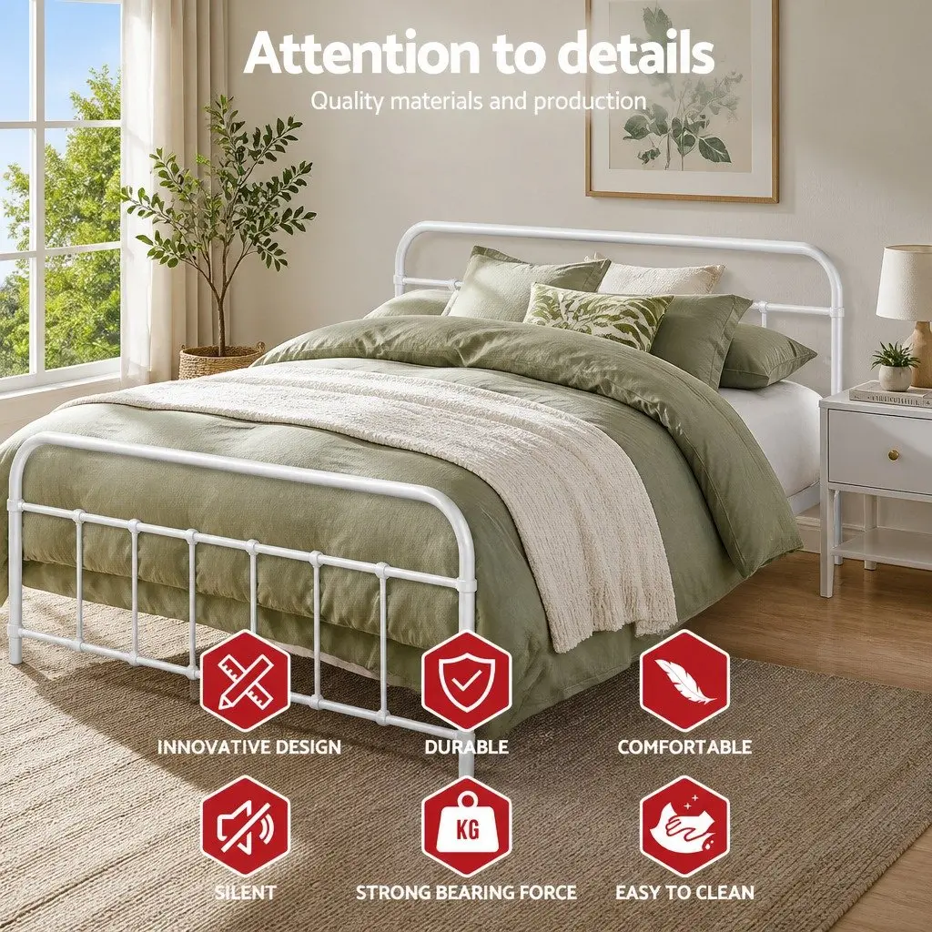 Queen Metal Bed Frame Country Style White Steel Slat Support Storage Underneath