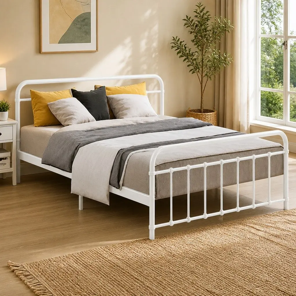 Queen Metal Bed Frame Country Style White Steel Slat Support Storage Underneath