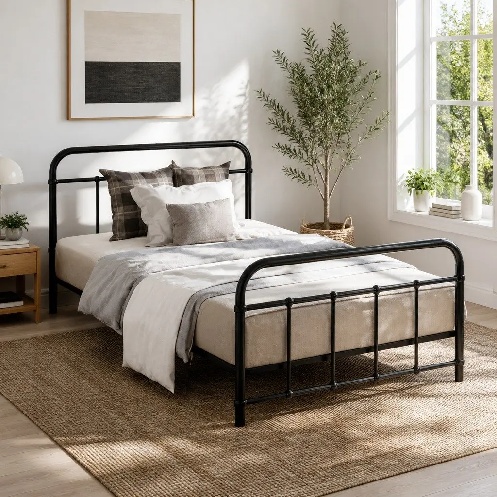 Single Metal Bed Frame Black Country Style Steel Bedroom Furniture