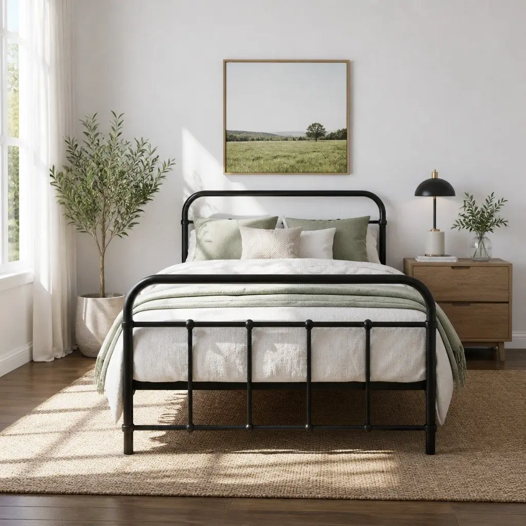 Single Metal Bed Frame Black Country Style Steel Bedroom Furniture