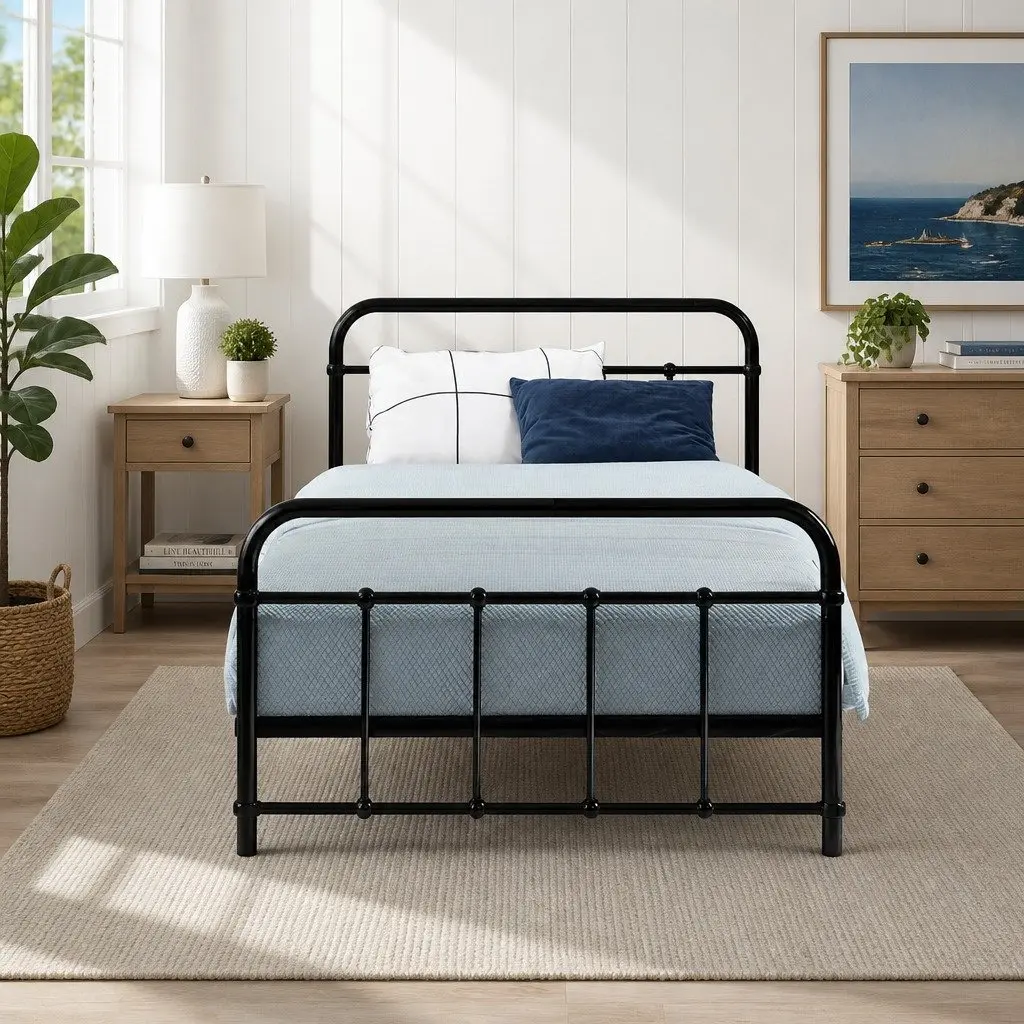 Single Metal Bed Frame Black Country Style Steel Bedroom Furniture