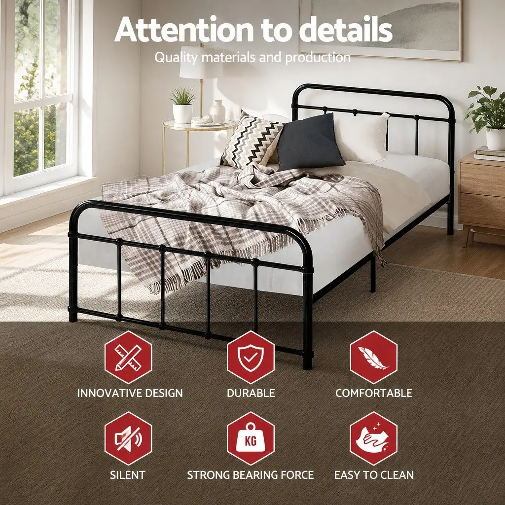 Single Metal Bed Frame Black Country Style Steel Bedroom Furniture