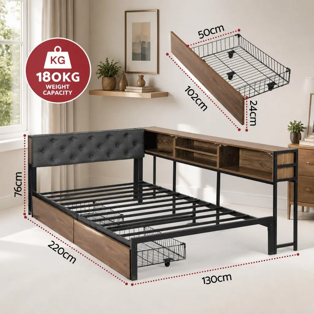 Metal Bed Frame King Single Storage Drawers Charging Station Black Walnut