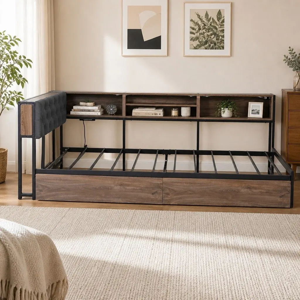 Metal Bed Frame King Single Storage Drawers Charging Station Black Walnut