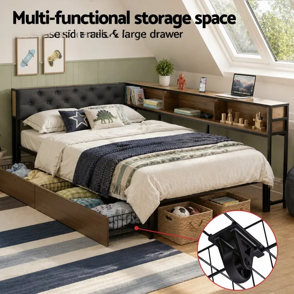 Metal Bed Frame King Single Storage Drawers Charging Station Black Walnut