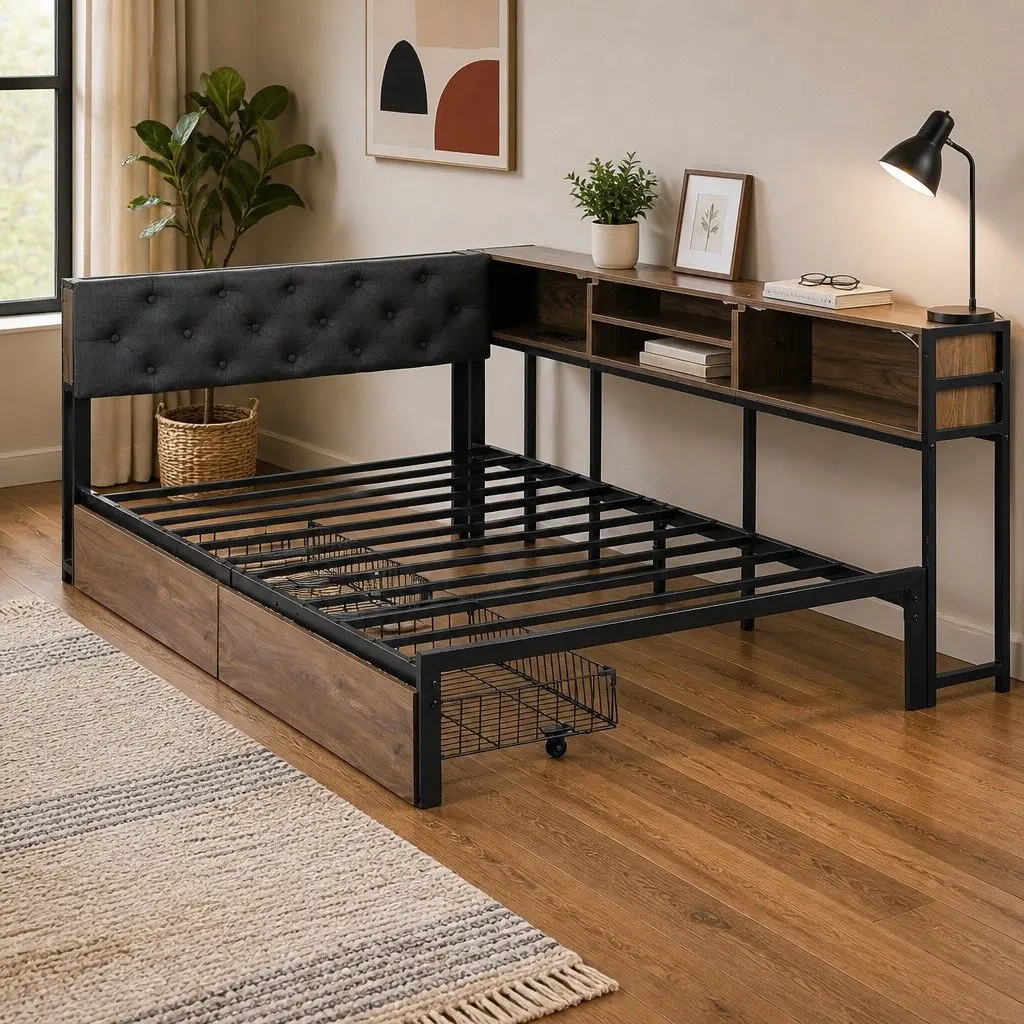 Metal Bed Frame King Single Storage Drawers Charging Station Black Walnut